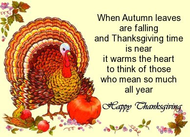 A festive Thanksgiving greeting card image features a large, colorful turkey with a fanned tail, standing beside a red apple…