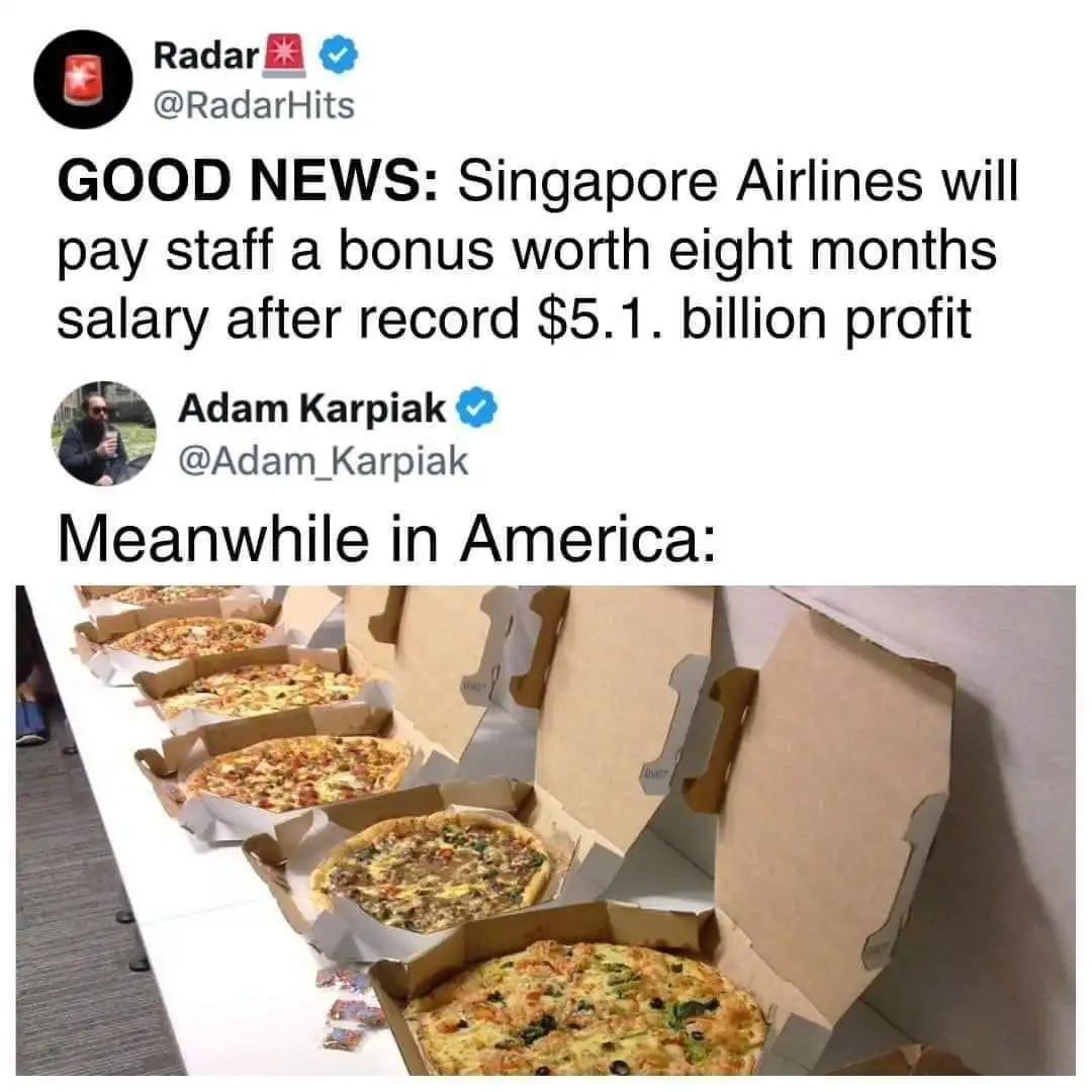 The image displays two Twitter posts. The first, from @RadarHits, announces Singapore Airlines paying staff an eight-month…