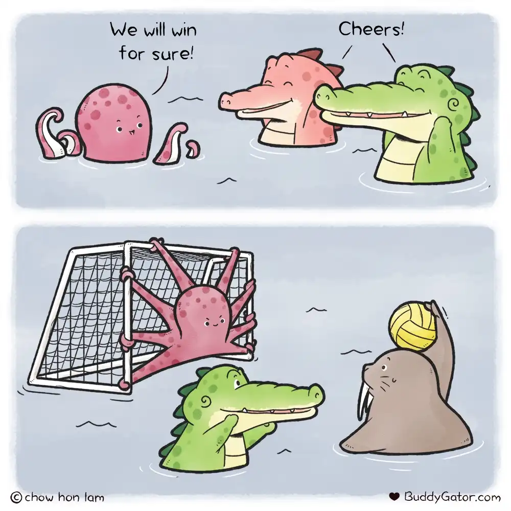 A two-panel cartoon shows a pink octopus and two crocodiles confidently cheering before a volleyball game, then the octopus…