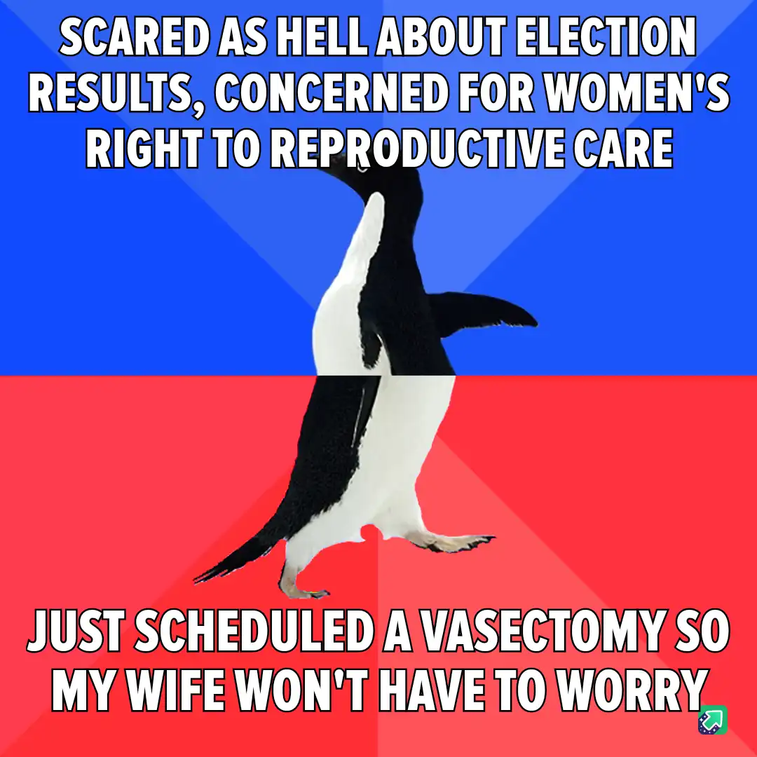 A penguin stands centered against a split background of blue and red. The top text reads 'SCARED AS HELL ABOUT ELECTION…
