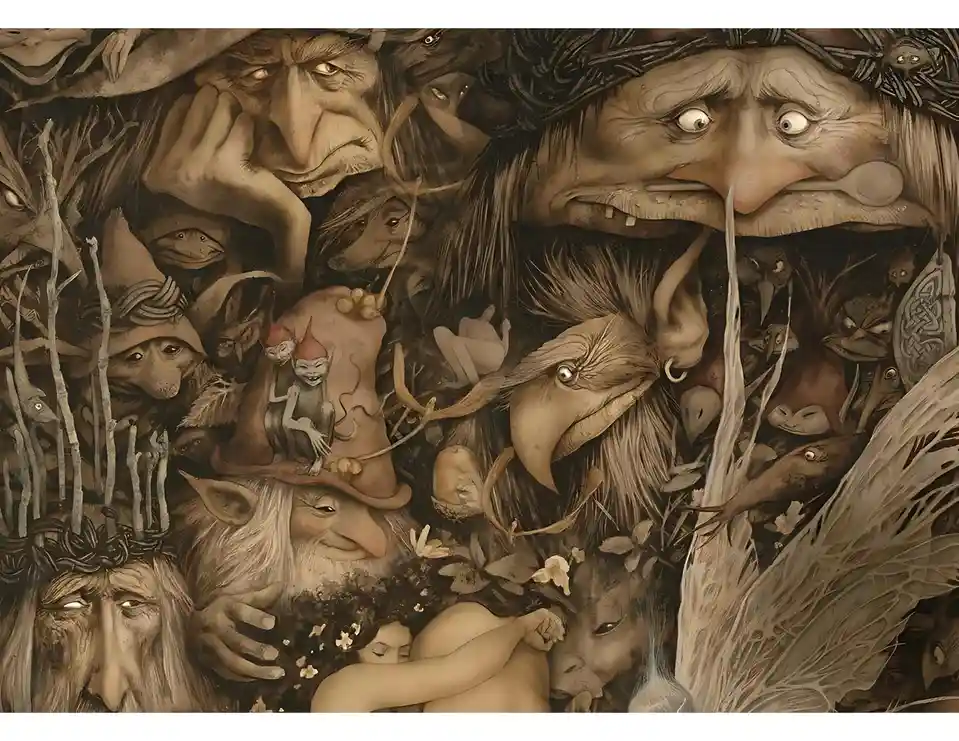 A surreal, sepia-toned artwork densely packed with grotesque, fantastical faces and creatures, including goblins, birds, and…