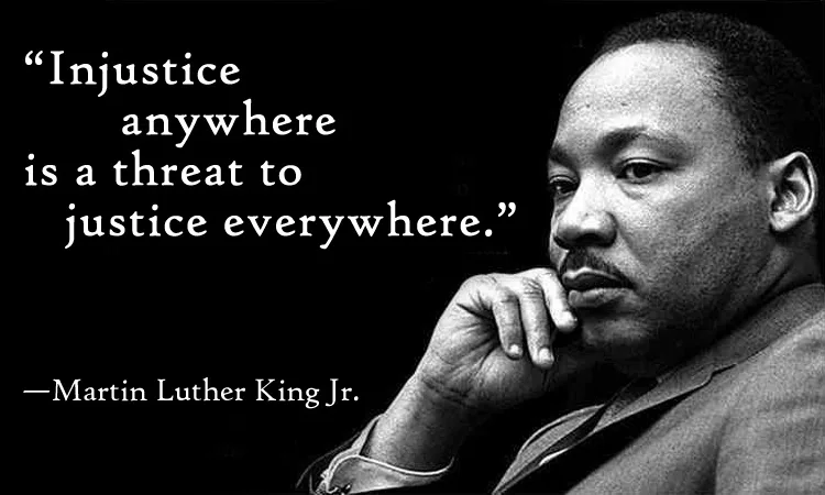 A black-and-white photo of Martin Luther King Jr. looking thoughtful with his hand on his chin. White text overlays the…