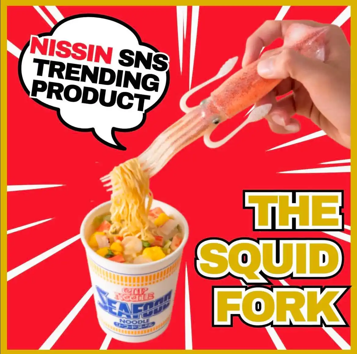 A hand holds a novelty fork shaped like a squid, lifting noodles from a cup of Nissin Cup Noodles Seafood flavor. A speech…