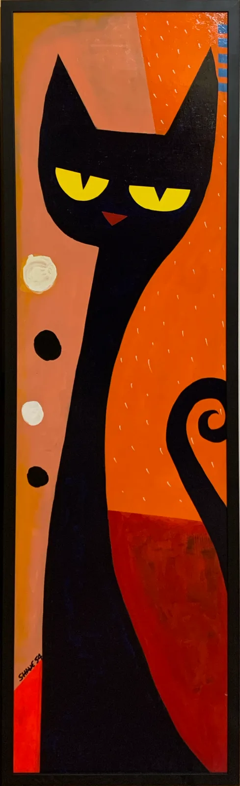 A stylized painting of a black cat with yellow eyes and a red nose, set against a background of orange, peach, and red…