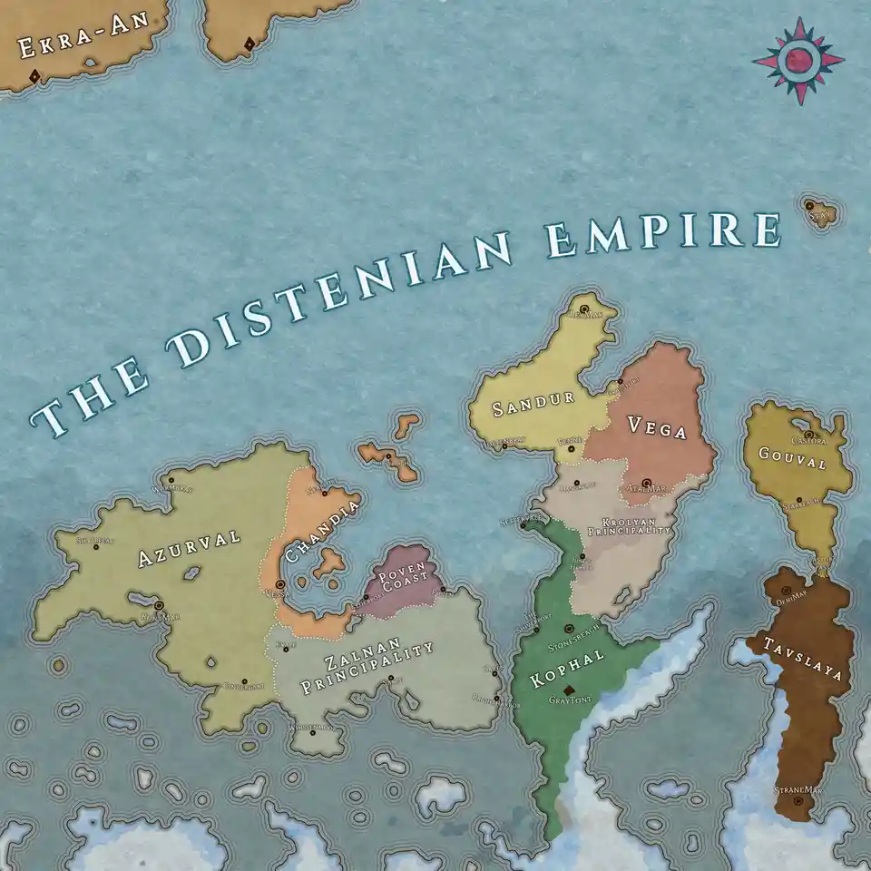 A fantasy-style map titled 'THE DISTENIAN EMPIRE' shows various territories like Azurval, Vega, and Kophal with fictional…