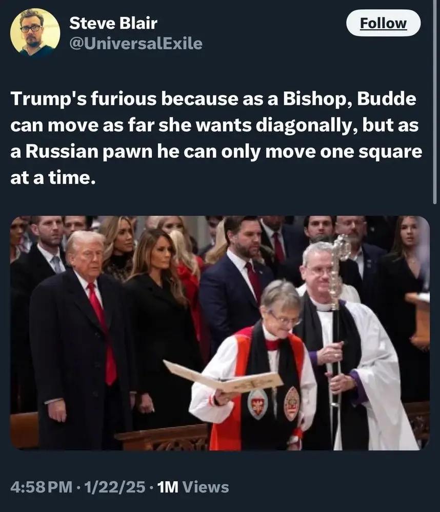 A screenshot of a tweet by Steve Blair showing Donald Trump and Melania Trump standing in a church service. In the…