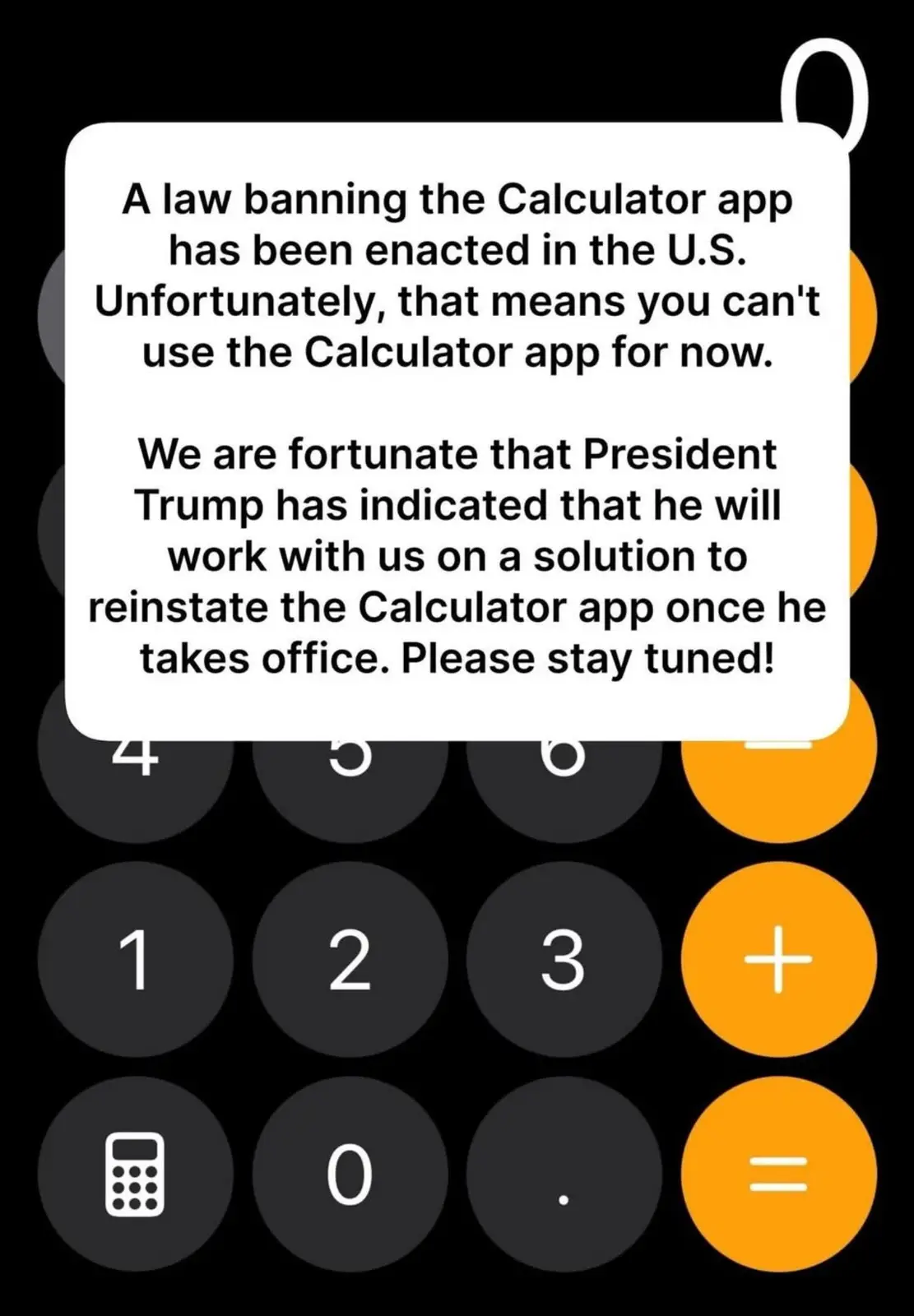 The image shows a smartphone calculator app interface with a white notification box overlaid. The text in the box falsely…
