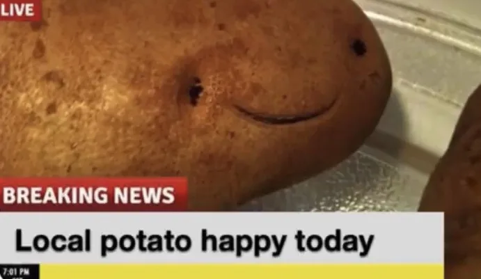 A close-up image of a potato with two dark spots resembling eyes and a curved line resembling a smile, overlaid with a news…
