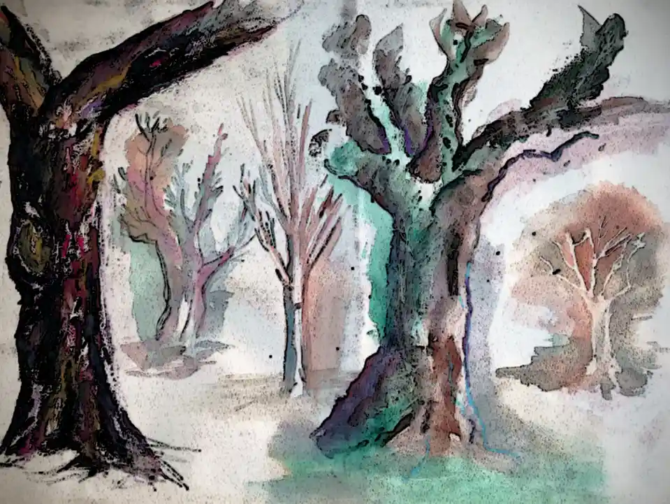 A stylized, painterly artwork depicts several bare trees with thick, gnarled trunks and sparse branches, rendered in muted…
