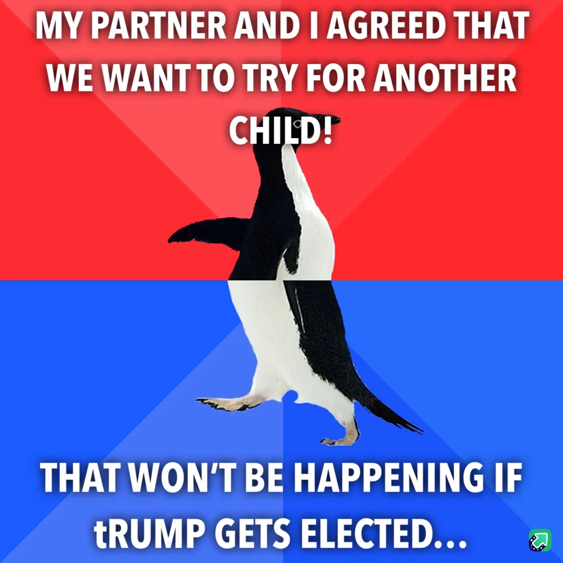 A penguin stands centered against a red and blue background, split horizontally. White bold text at the top reads 'MY…