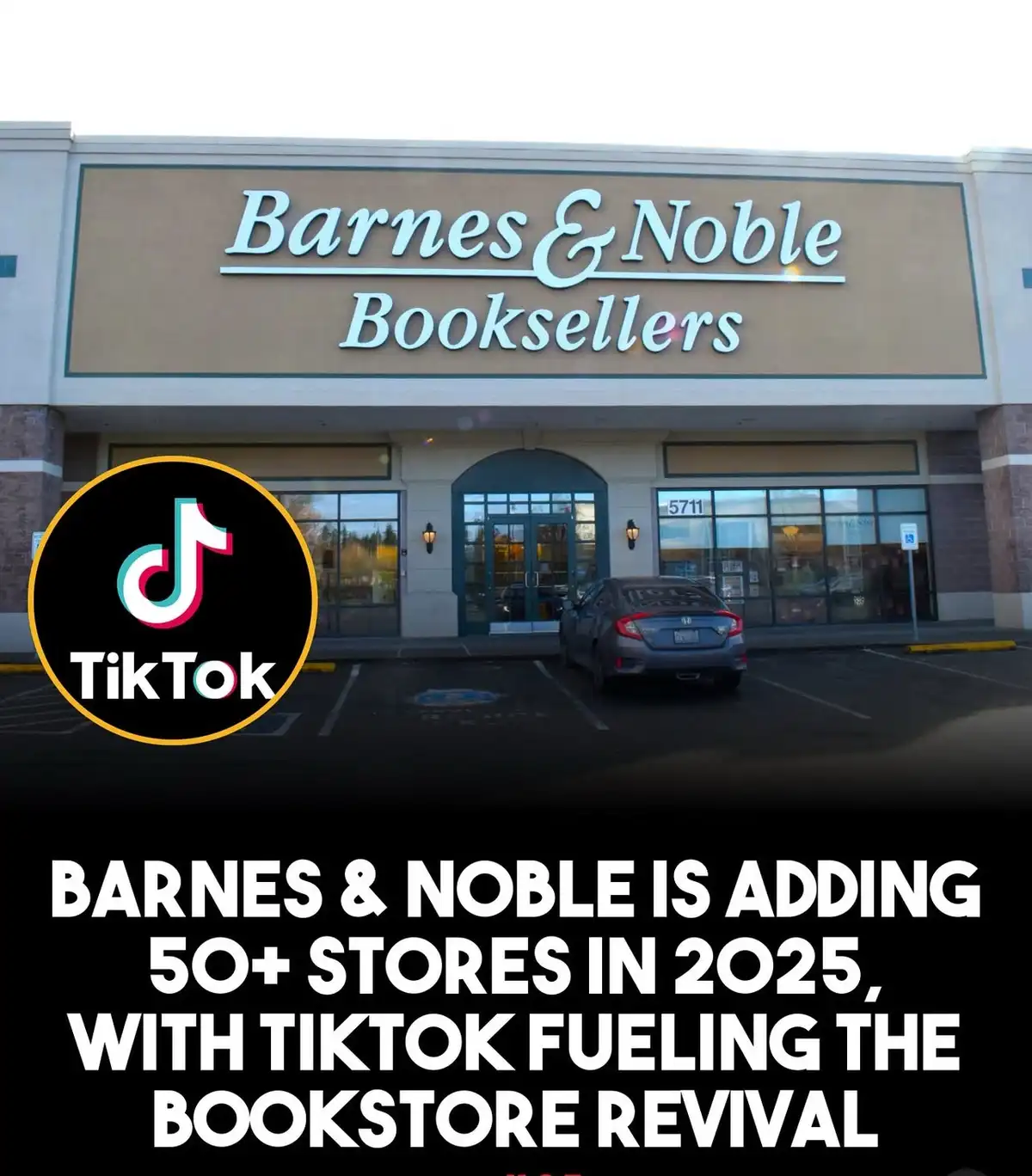 An exterior photo of a Barnes & Noble Booksellers storefront with a large TikTok logo superimposed on the left side. A black…