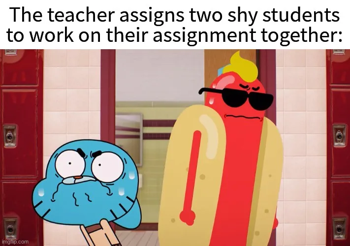 Two animated characters stand in a school hallway with red lockers. The blue, cloud-like character on the left is visibly…