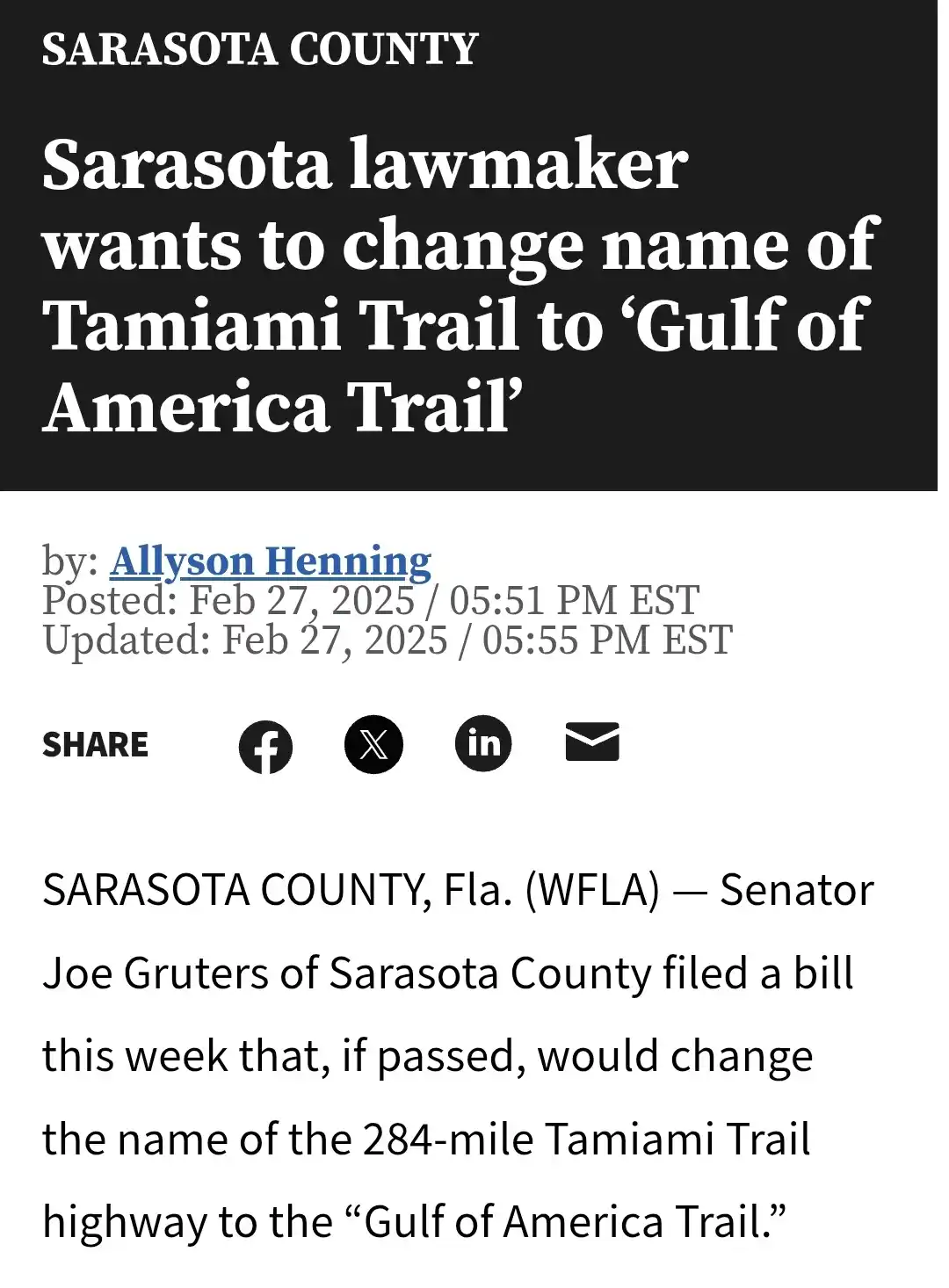 A screenshot of a news article from Sarasota County shows a headline about a lawmaker proposing to rename the Tamiami Trail…