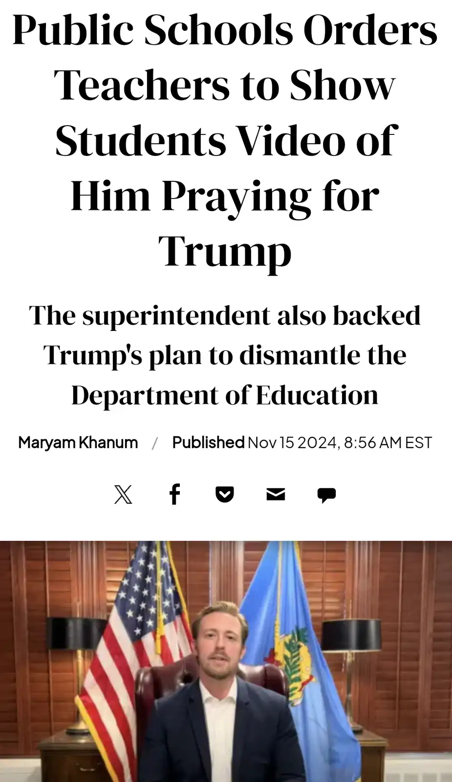The image displays a screenshot of a fake news article with a headline claiming public schools are ordering teachers to show…