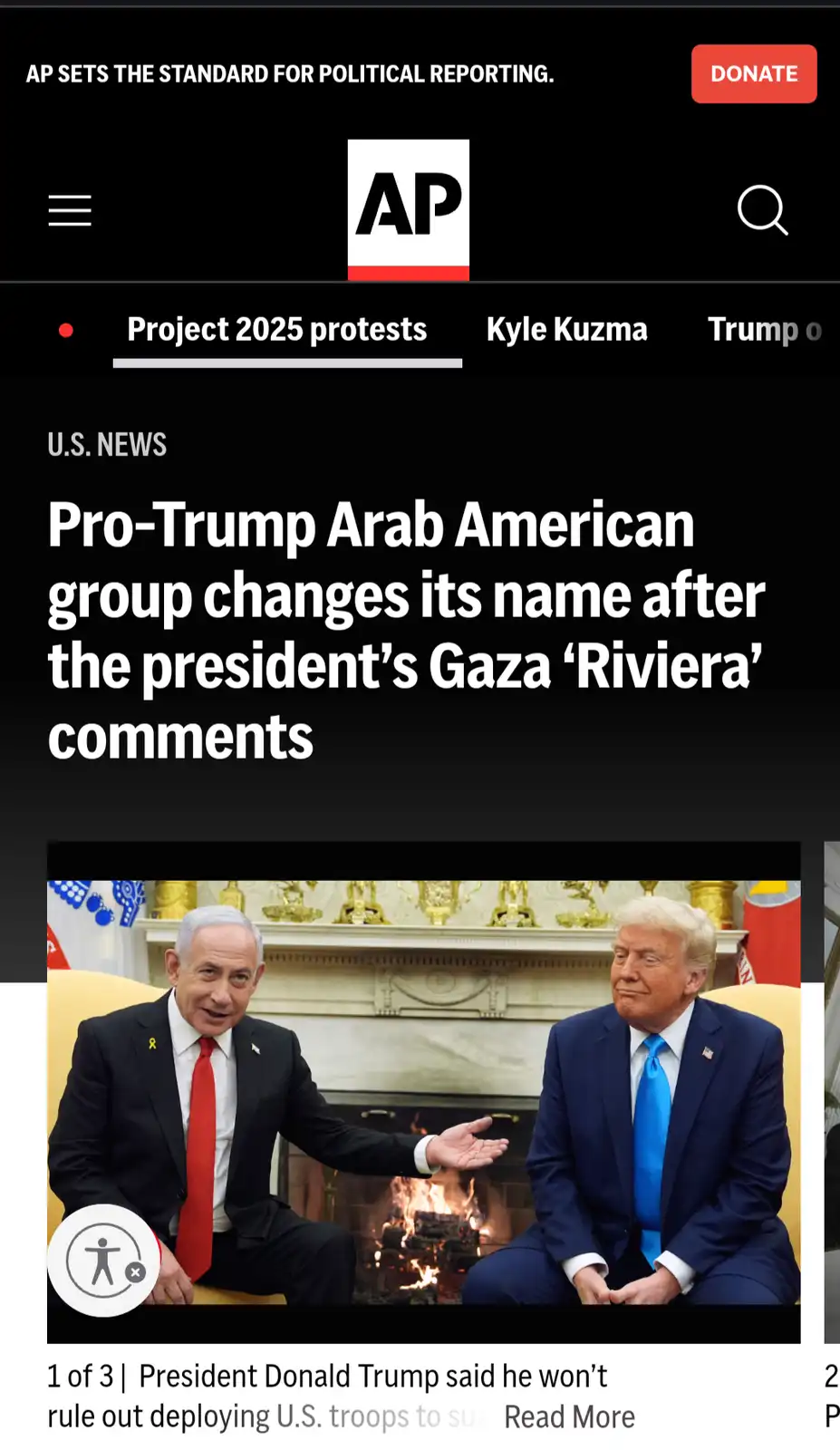 An AP News article screenshot shows a headline about a pro-Trump Arab American group changing its name due to Trump's Gaza…