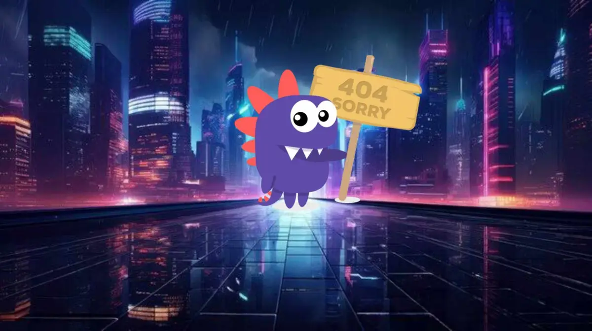 A purple cartoon monster with red spikes and big eyes stands in the middle of a rainy, neon-lit futuristic city street…
