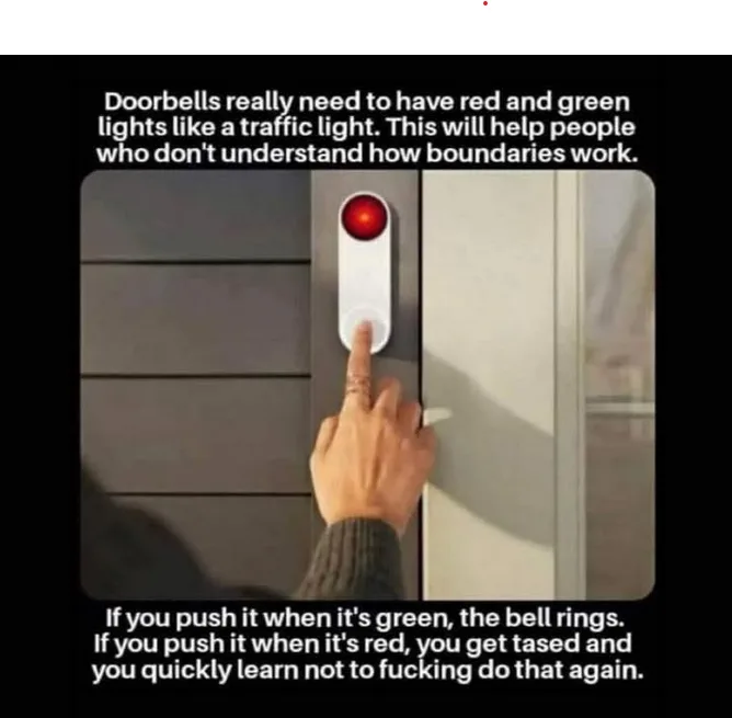 A hand presses a white doorbell button mounted on a gray door, with a glowing red light above it. The overlaid text…