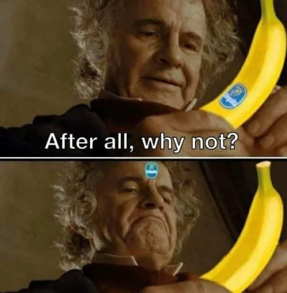 A two-panel meme featuring actor Bill Murray in a scene from 'Lost in Translation'. In the top panel, he holds a banana with…