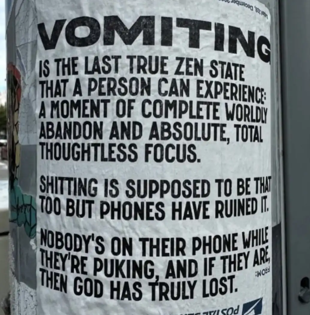 A close-up of a printed flyer taped to a pole, featuring bold black text on a white background. The text humorously claims…