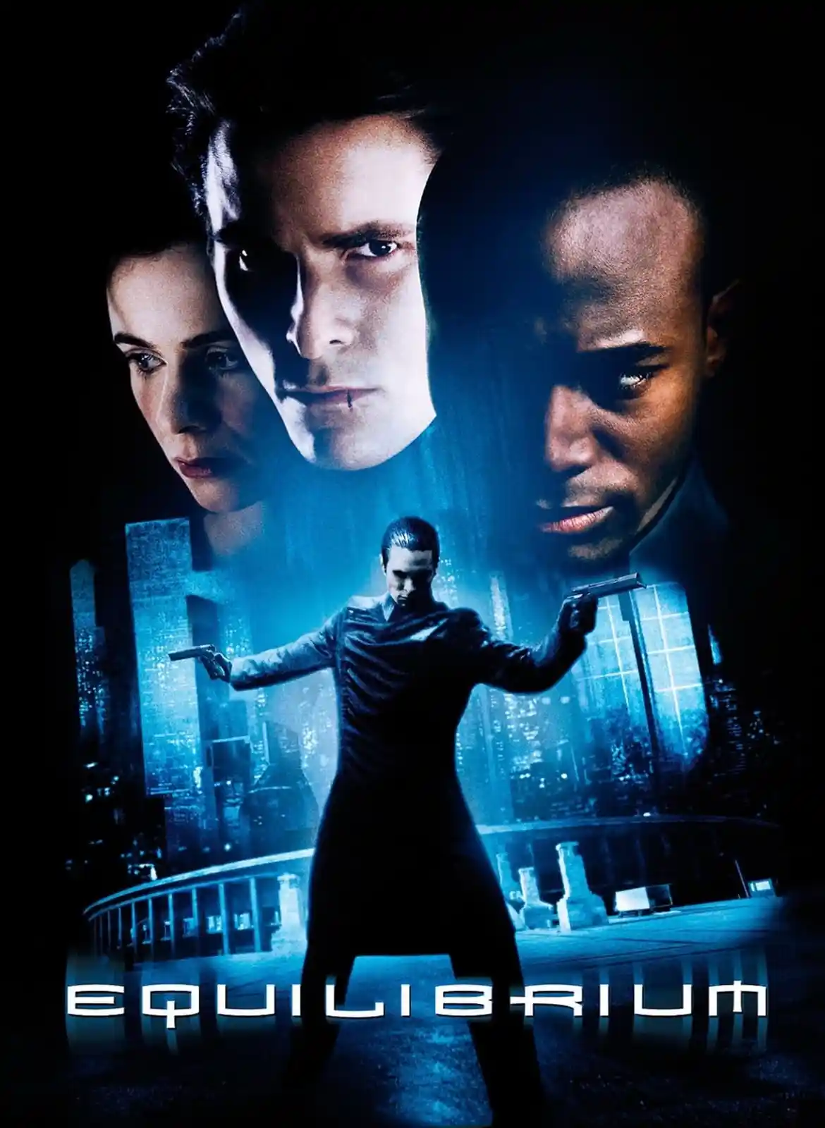 A movie poster for 'Equilibrium' shows a man in a dark coat holding two pistols, with three large faces looming above him…