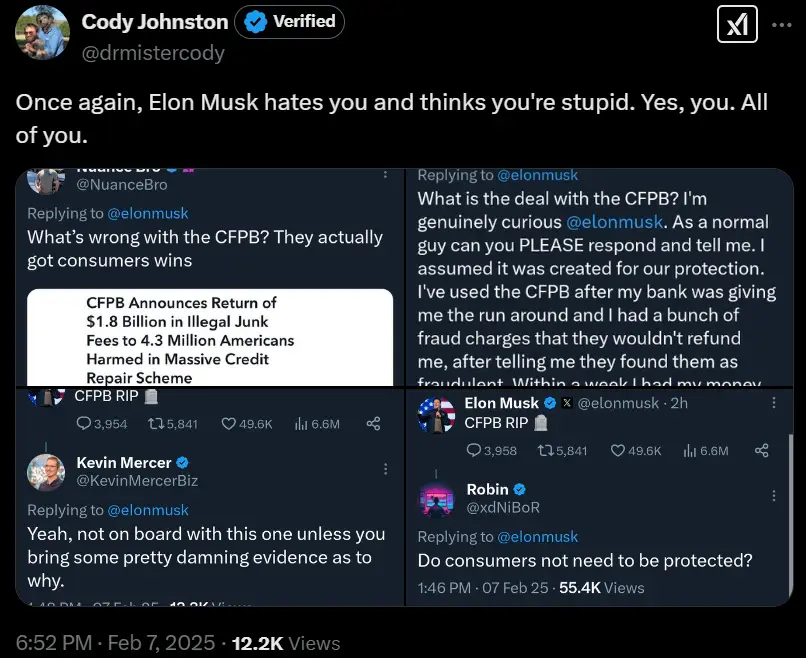 A screenshot of a Twitter thread shows Elon Musk's tweet about the CFPB, surrounded by replies from users questioning the…