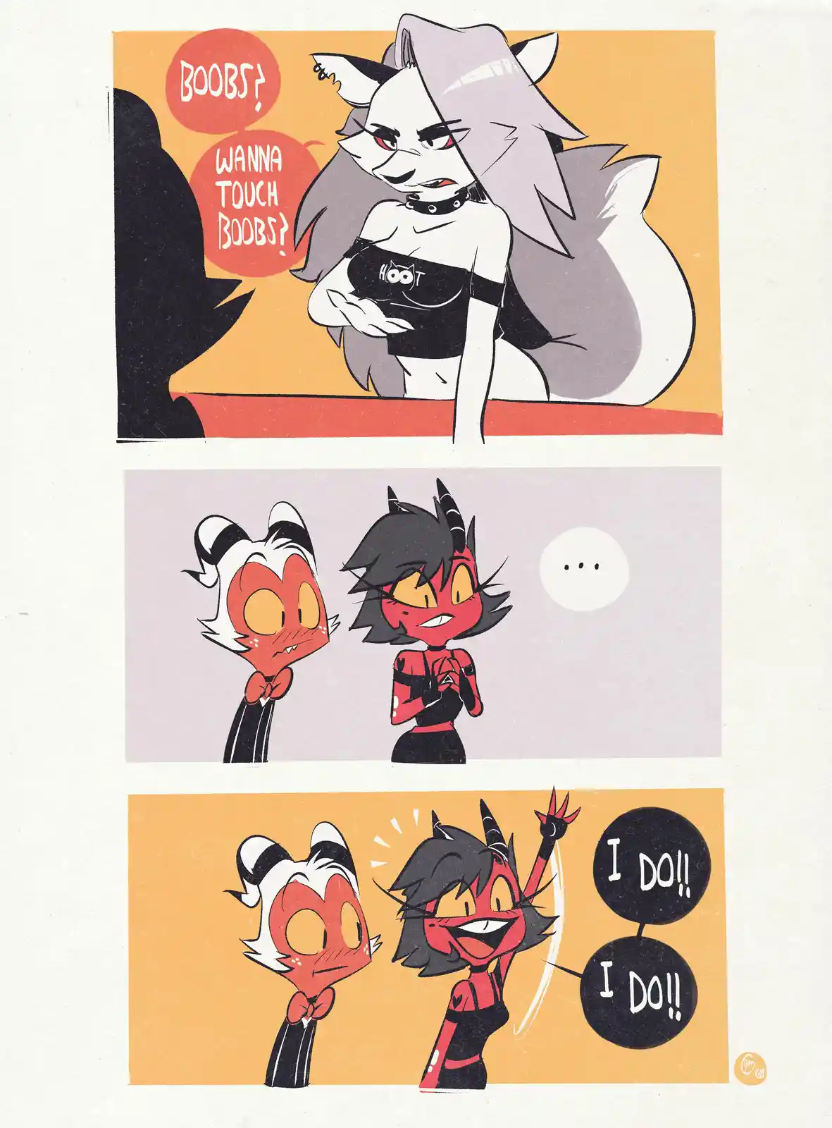 A three-panel comic strip featuring characters from 'Helluva Boss'. The top panel shows a grey-furred, fox-like demon woman…