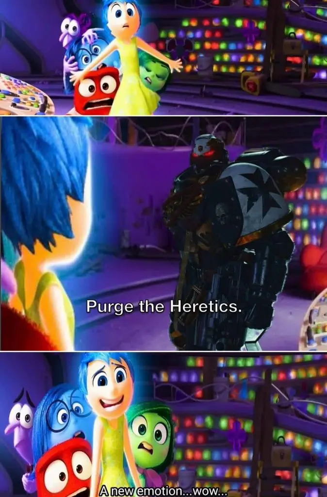 The meme features three panels from the movie 'Inside Out'. The top and bottom panels show the emotion characters Joy…