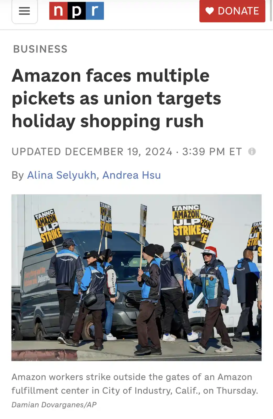 A screenshot of an NPR news article shows a group of Amazon workers in blue and black uniforms holding black-and-yellow…