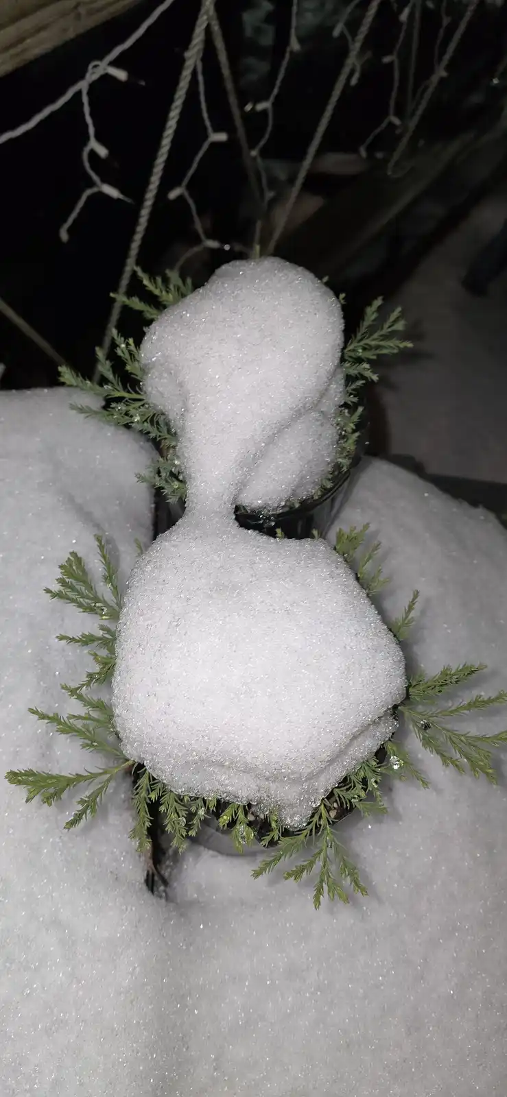 Two potted evergreen plants, heavily covered in snow, are arranged to resemble a snowman with a round body and a smaller…