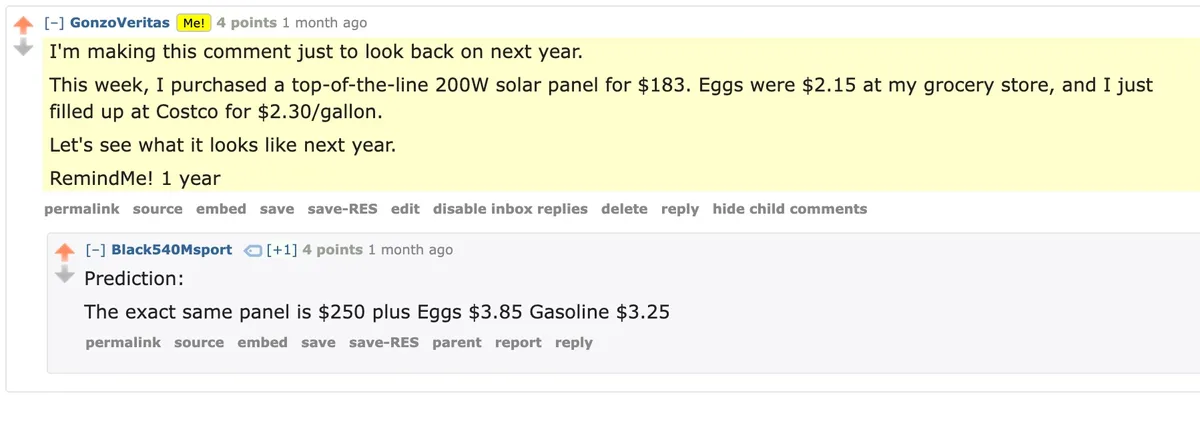 A Reddit comment screenshot where user 'GonzoVeritas' posts a 'RemindMe! 1 year' reminder to check prices of a solar panel…