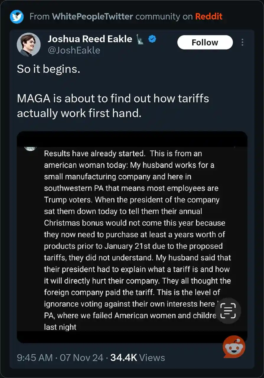 A screenshot of a Twitter post by Joshua Reed Eakle, who writes 'So it begins. MAGA is about to find out how tariffs…