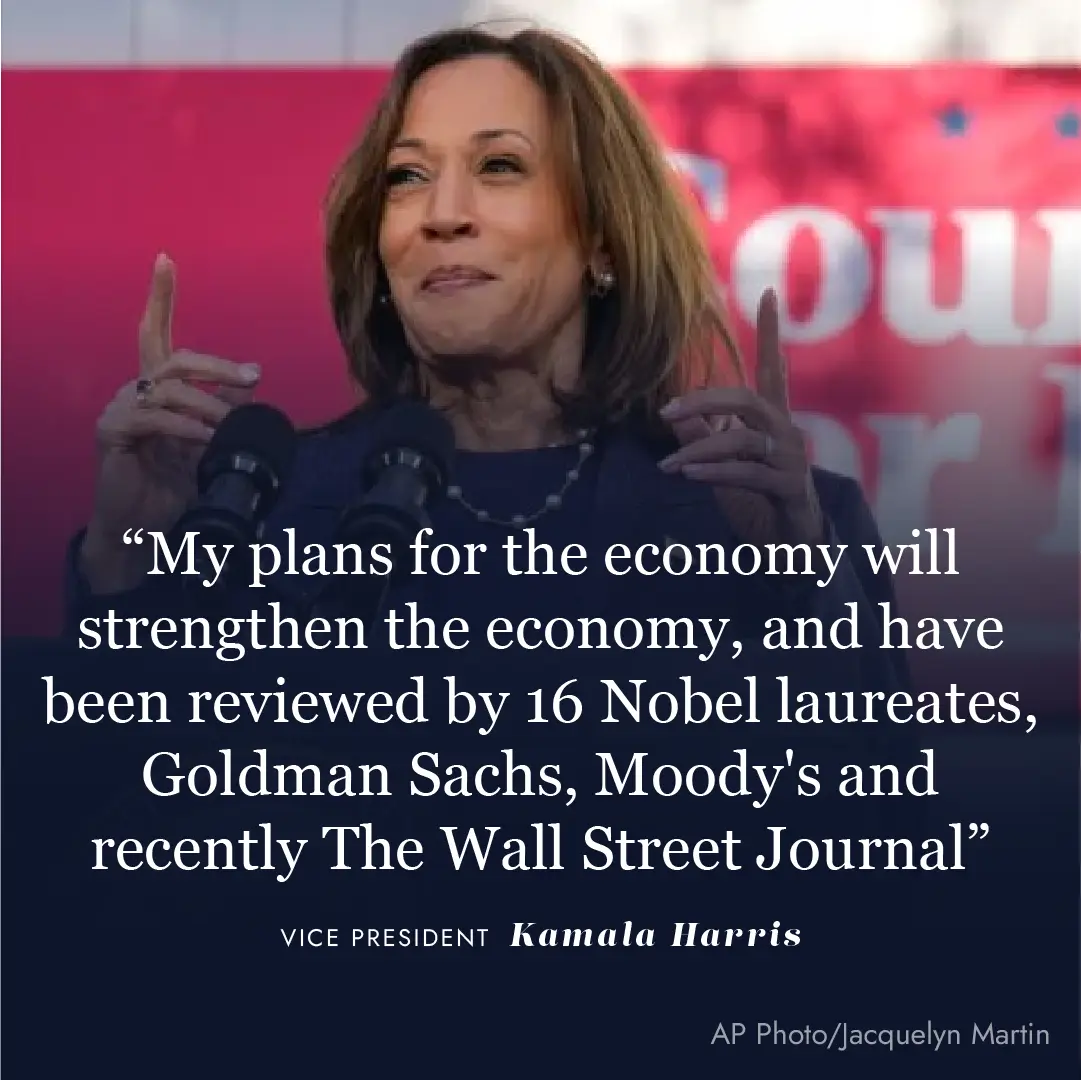 A photo of Kamala Harris speaking at a podium with microphones, gesturing with both index fingers raised. Overlaid white…