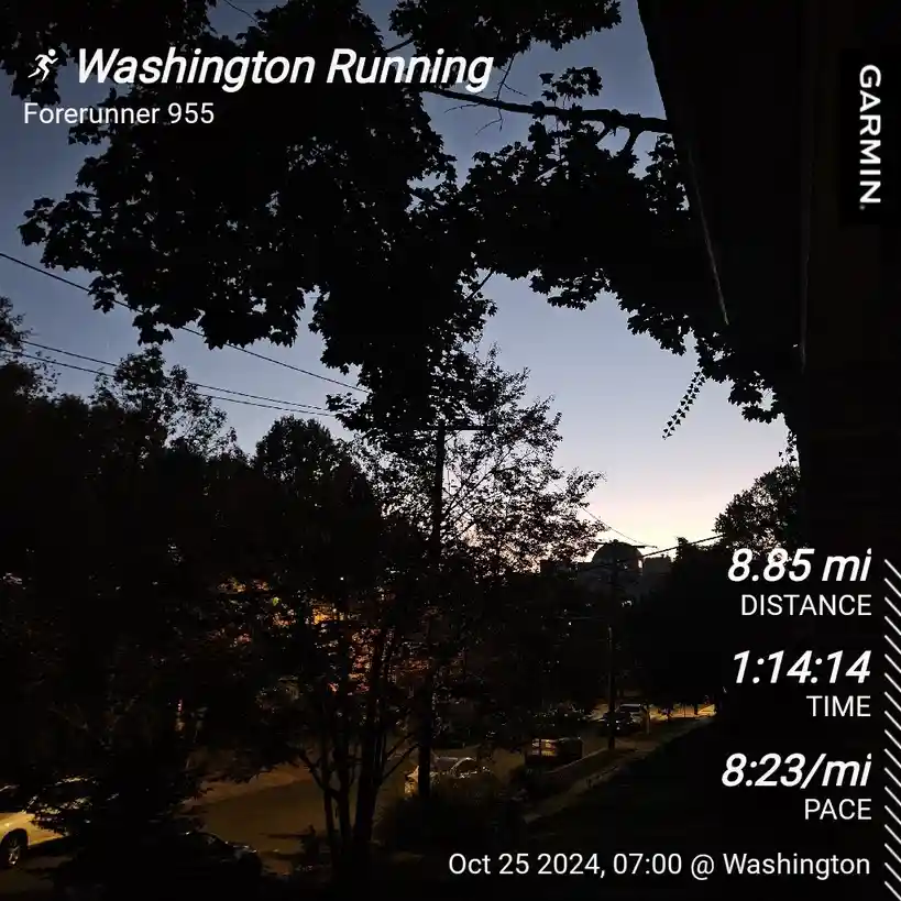 A screenshot from a Garmin Forerunner 955 running watch showing a 8.85-mile run completed at 1:14:14 with a pace of 8:23/mi…