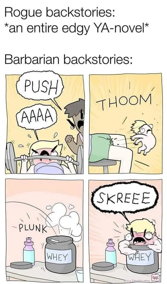 A four-panel comic strip comparing 'rogue' and 'barbarian' character backstories. The top panels show a blonde character…
