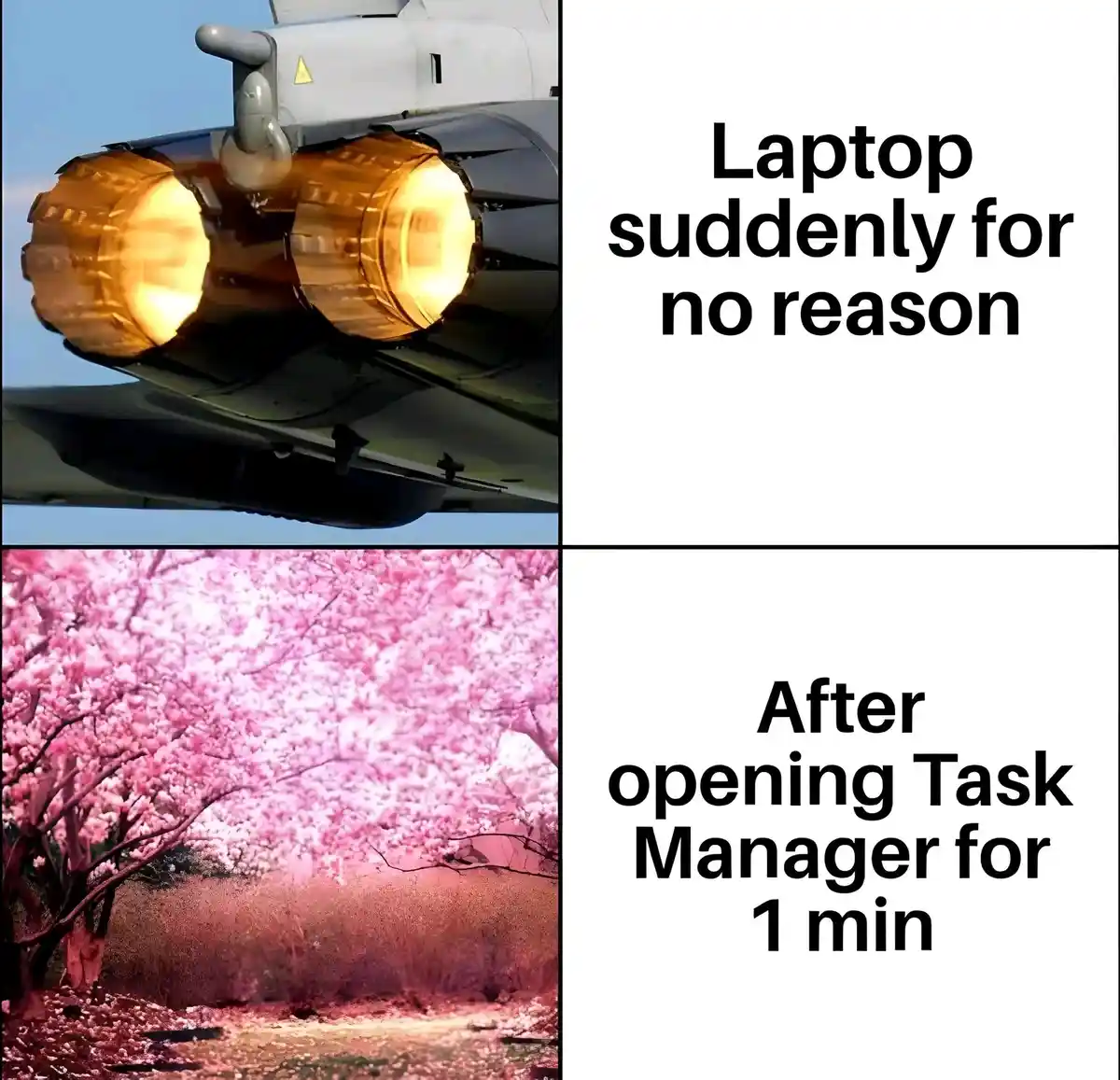 The top panel shows a close-up of a jet fighter's afterburners glowing brightly against a blue sky, with the text 'Laptop…