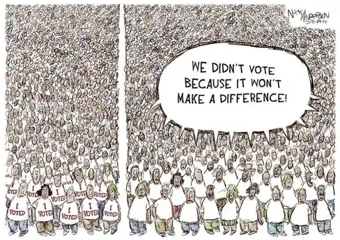 A cartoon depicts a large crowd of people, many wearing 'I VOTED' t-shirts, but one side shows them collectively saying they…
