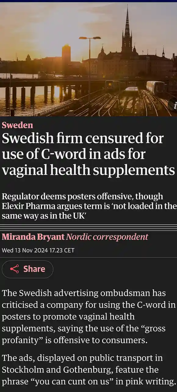 A screenshot of a news article about a Swedish firm being censored for using a vulgar word in ads for vaginal health…