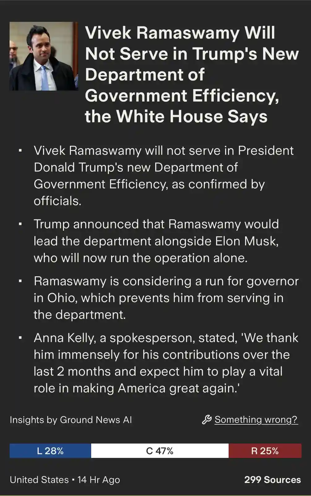 A screenshot of a news article with a photo of Vivek Ramaswamy on the left. The headline and bullet points state that…