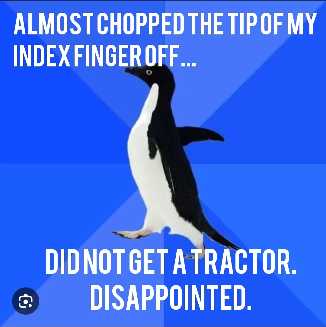 A black-and-white penguin stands against a blue background with diagonal stripes. White text at the top reads 'ALMOST…