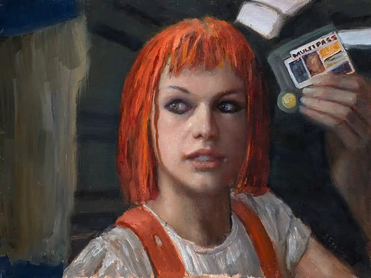 An oil painting depicts a young woman with short red hair and a serious expression, holding up a small device labeled…