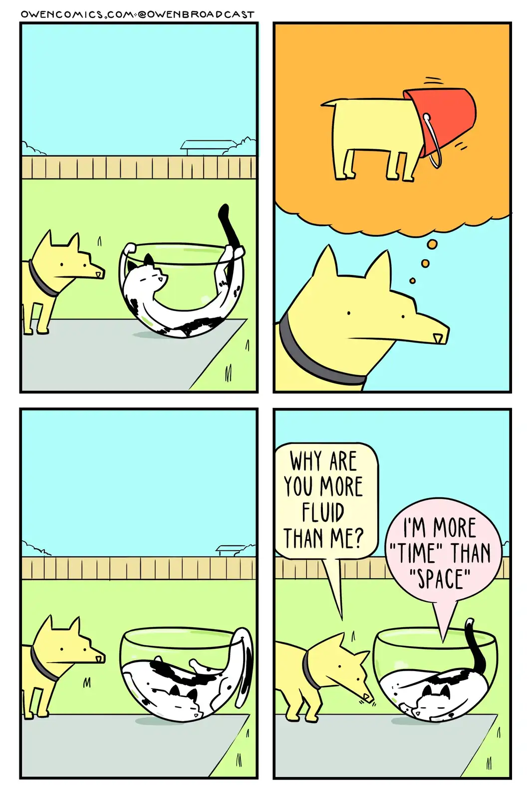A four-panel comic shows a dog watching a cat in a fishbowl. The cat starts upright, then flops over. The dog asks why the…