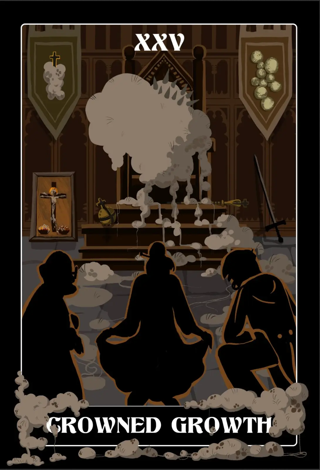 An illustrated tarot card labeled 'XXV' at the top and 'CROWNED GROWTH' at the bottom, depicting three silhouetted figures…