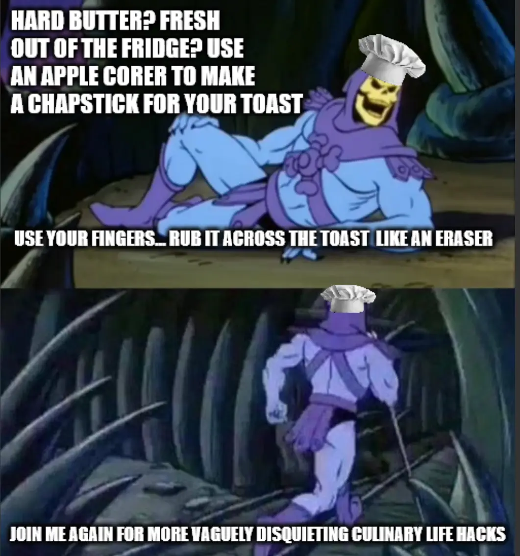 The image is a two-panel meme featuring the animated character Skeletor from 'He-Man and the Masters of the Universe'. In…