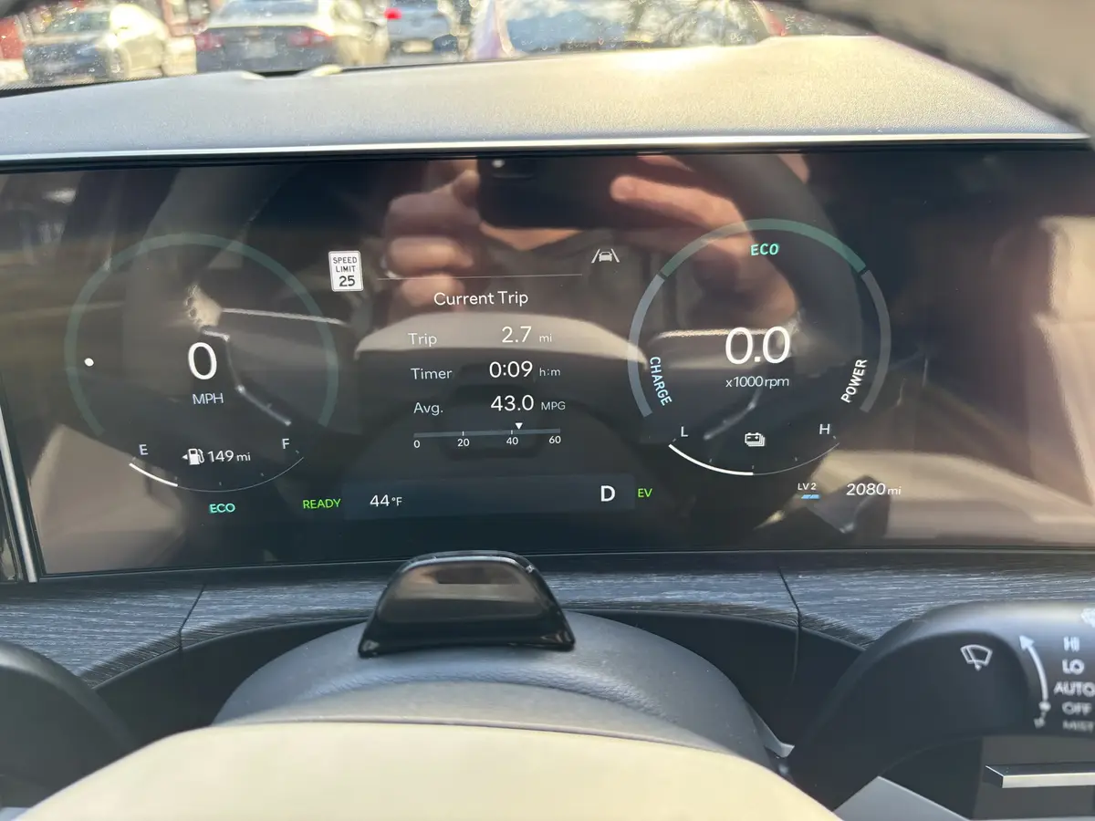A photo of a car's digital dashboard showing a current trip of 2.7 miles and an average fuel efficiency of 43.0 MPG, while…