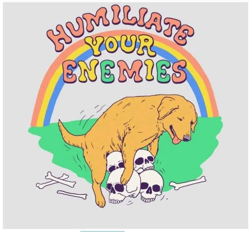 A cartoon golden retriever stands triumphantly over a pile of skulls and bones on green grass, beneath a rainbow. The text…