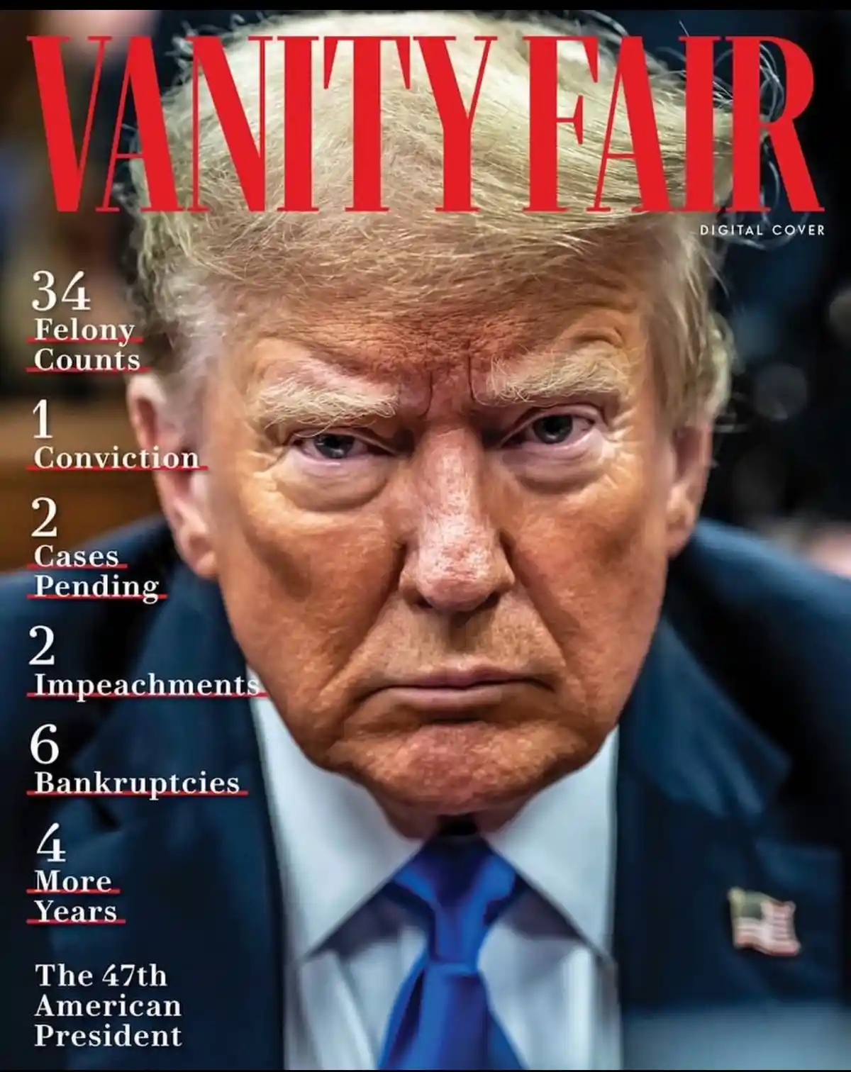 A digitally altered Vanity Fair magazine cover featuring Donald Trump, with overlaid text listing his legal and political…