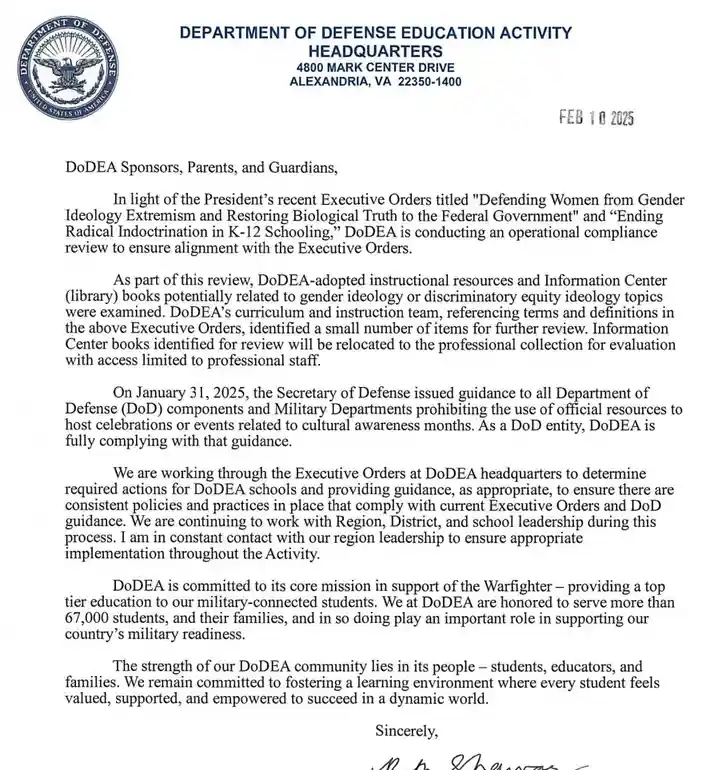 A formal letter from the Department of Defense Education Activity (DoDEA) dated February 10, 2025, addressed to sponsors…