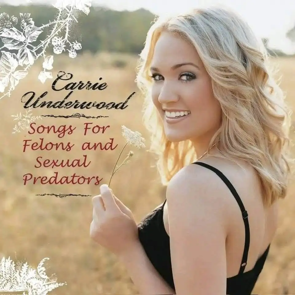 The image shows a smiling blonde woman, Carrie Underwood, in a black top, holding a small white flower in a field. Overlaid…