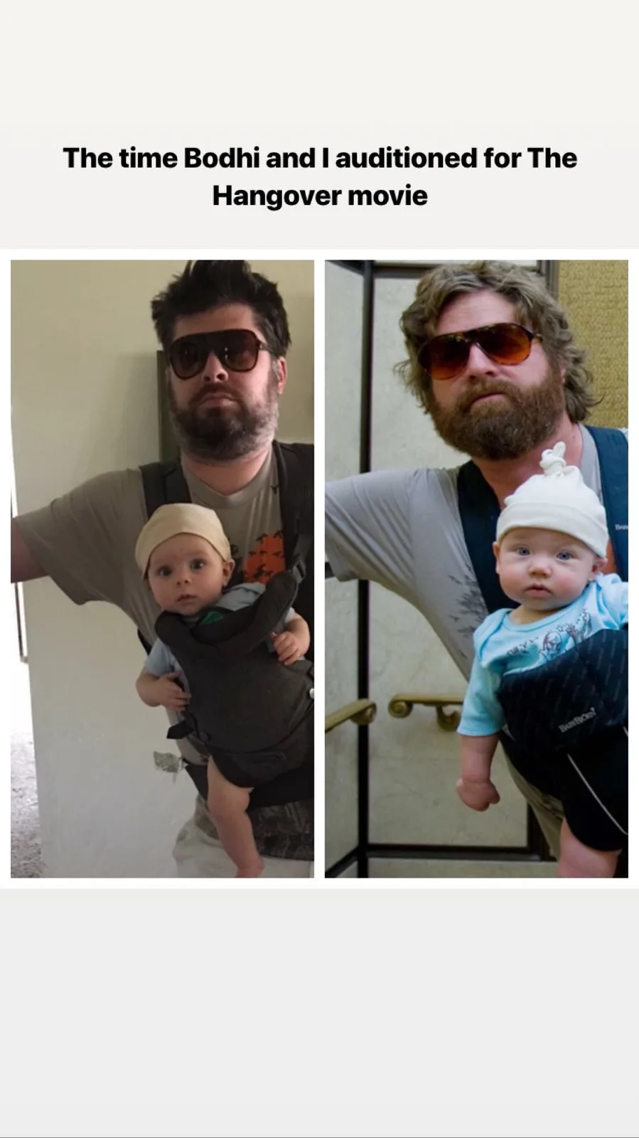 Two side-by-side photos show a man with a beard and sunglasses carrying a baby in a carrier, mimicking the look of the…