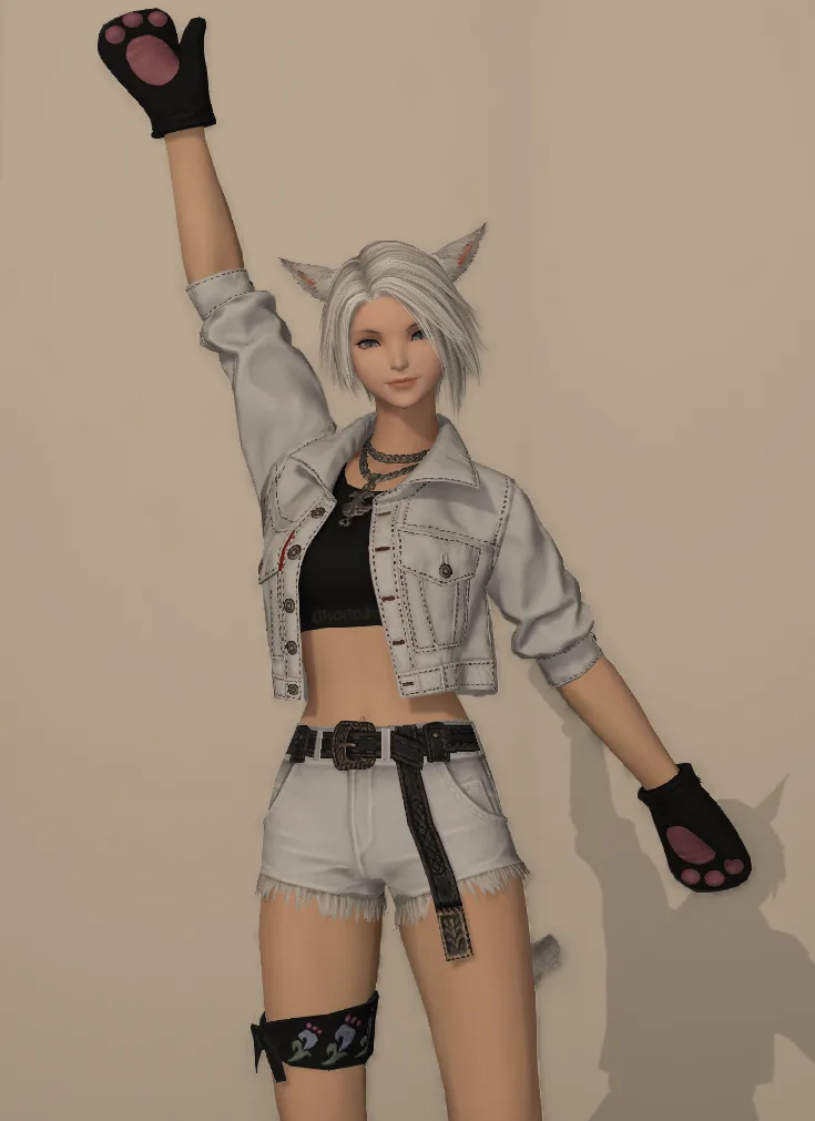 A digitally rendered female character with cat ears, a cat tail, and paw-print gloves poses with one arm raised. She wears a…